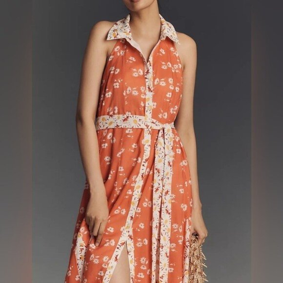 NWT Size LP-Maeve 100% Cotton Floral Halter Godet Midi Shirt Dress (NWT US $188) - Picture 3 of 16